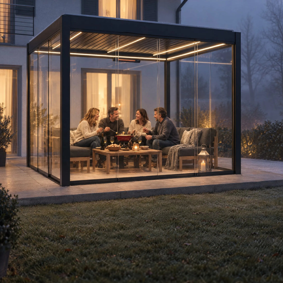 Sky Pergola Wintergarten mit Glaswänden am Abend