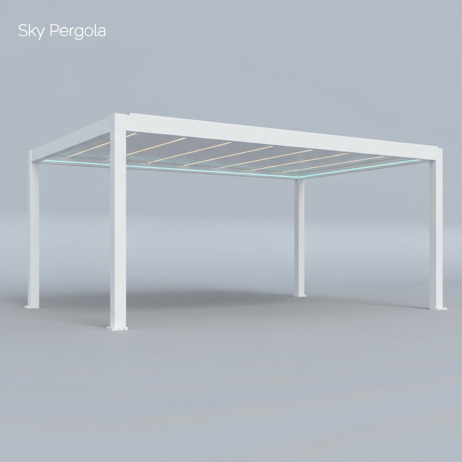 SkyPergola Aluminium-Pergola freistehend Weiß, 3D-Rendering mit LED-Lamellen