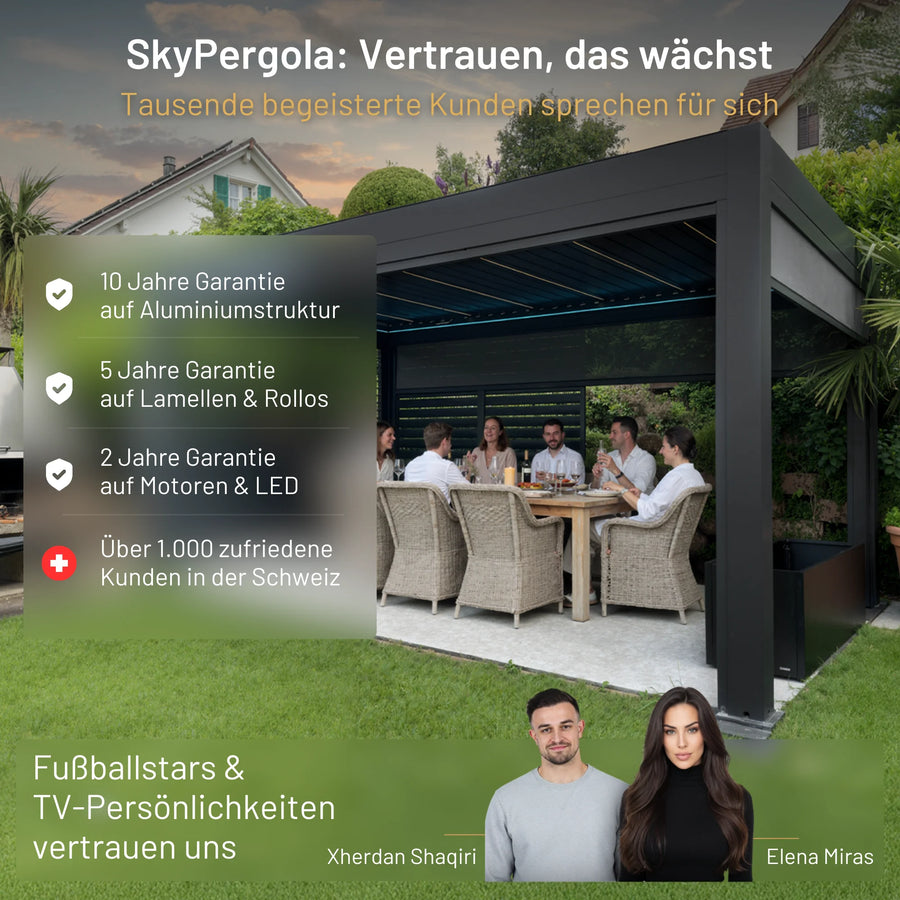 SkyPergola Aluminium-Pergola mit Garantie-Übersicht, Testimonials von Xherdan Shaqiri und Elena Miras