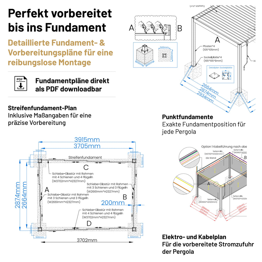 SkyPergola SkyInfinity Pro Fundament- und Montageplan mit Punktfundamenten und Elektro-Kabelplan