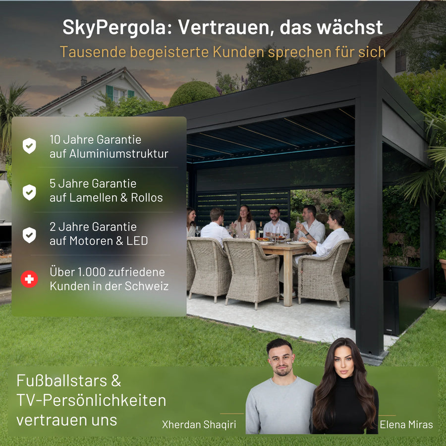 SkyPergola SkyInfinity Pro Aluminium-Pergola mit Garantie-Übersicht, Testimonials von Xherdan Shaqiri und Elena Miras