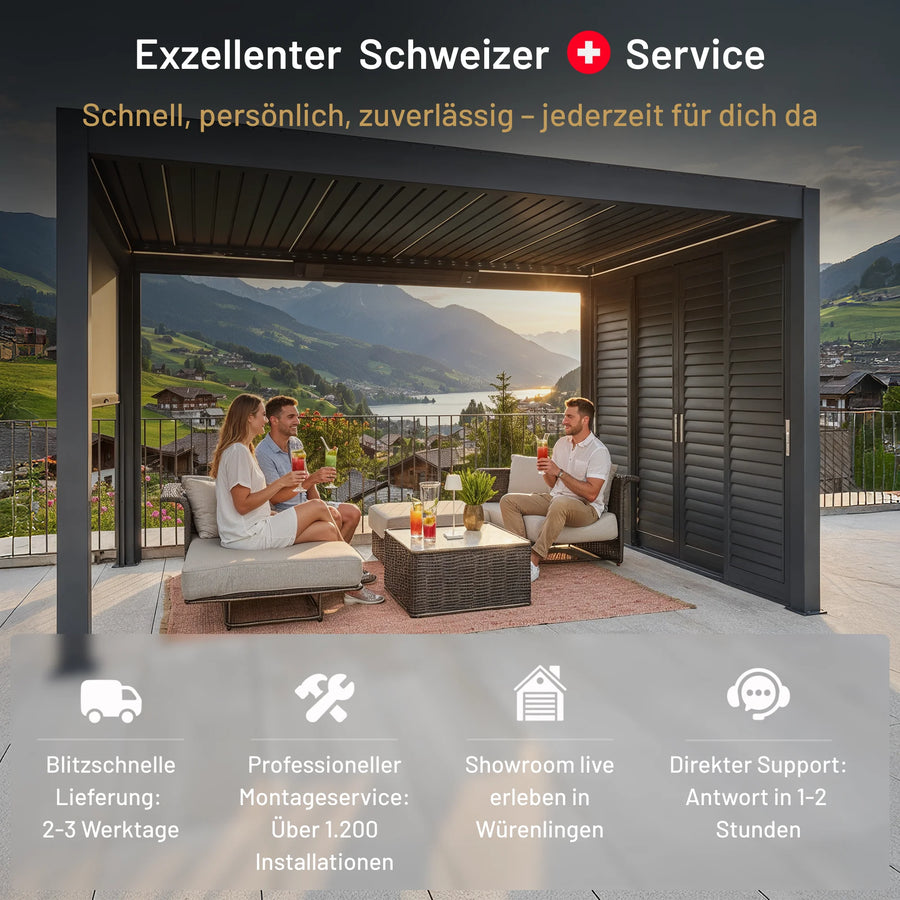 SkyPergola SkyInfinity Pro Aluminium-Pergola mit Bergpanorama, Schweizer Service mit Lieferung, Montage und Support