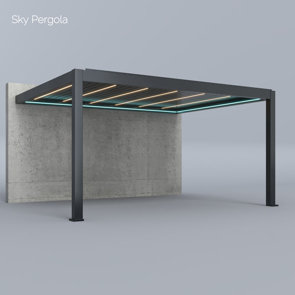 SkyPergola SkyMax Ultra Aluminium-Pergola 4x5m Wandmontage, 3D-Rendering mit LED-Lamellen