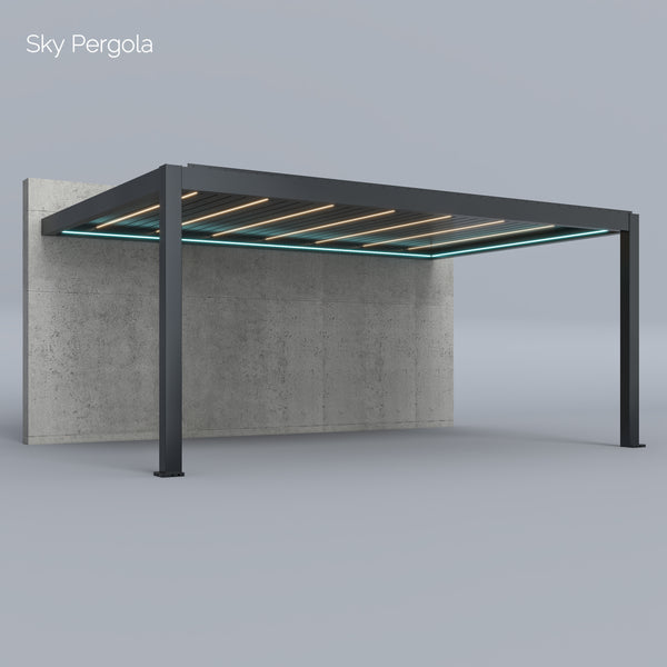 SkyPergola SkyMax Ultra Aluminium-Pergola 4x6m Wandmontage, 3D-Rendering mit LED-Lamellen