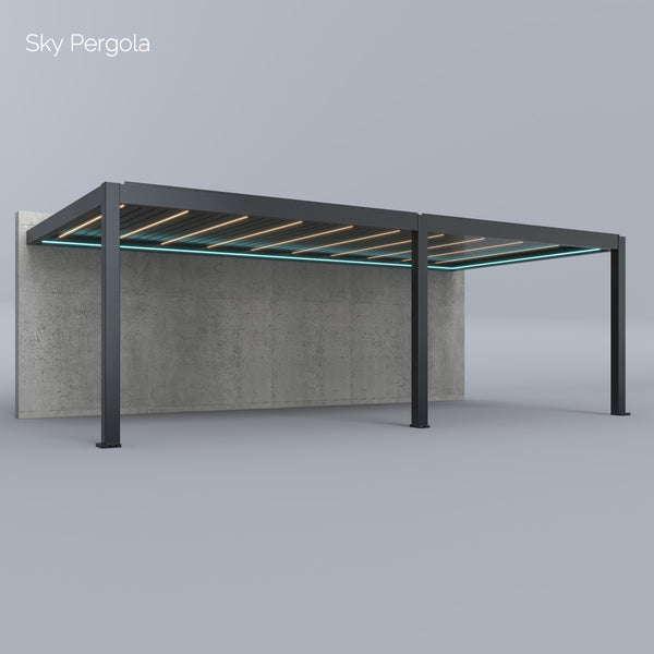 SkyPergola SkyMax Ultra Aluminium-Pergola 4x7m Wandmontage, 3D-Rendering mit LED-Lamellen