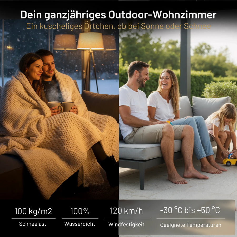 SkyPergola SkyMax Ultra Aluminium-Pergola ganzjährig nutzbar, wetterfest bis 120 km/h Wind und 100 kg/m² Schneelast
