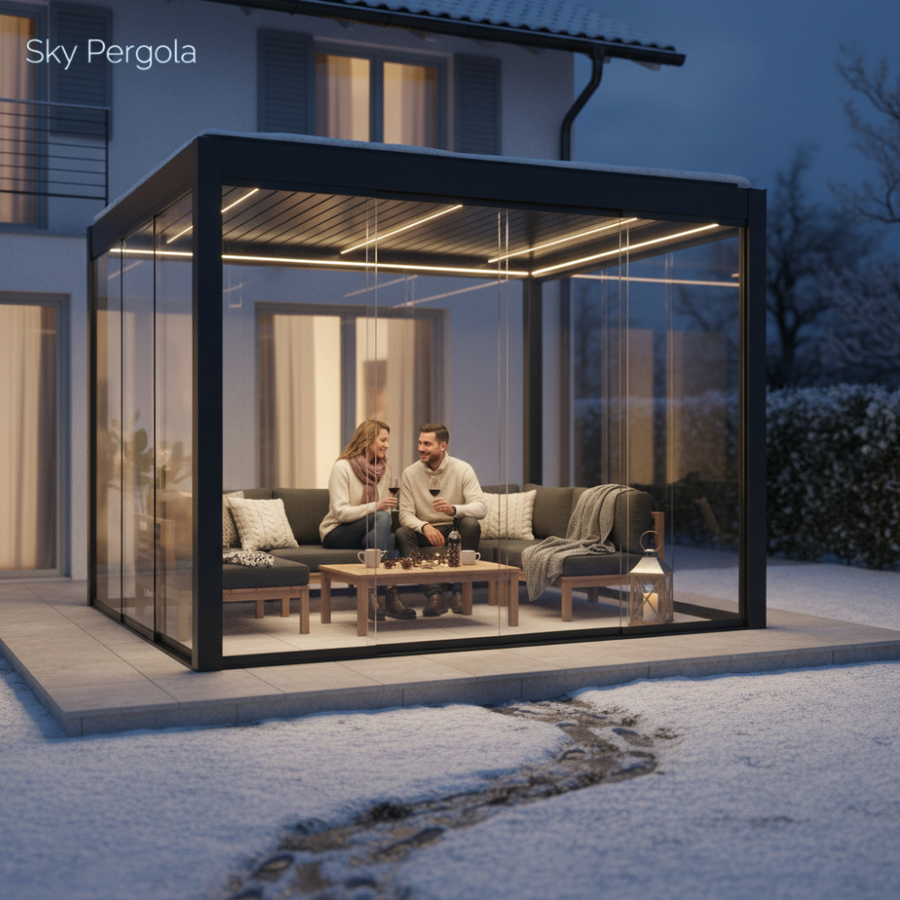 SkyPergola Wintergarten 3x3m Anthrazit mit Glas-Seitenwänden, ganzjährig nutzbar im Winter